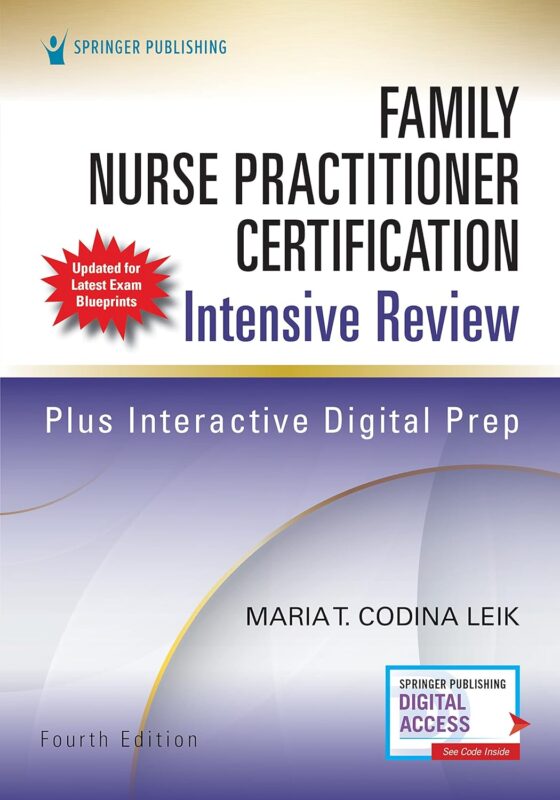 The Family Nurse Practitioner Certification Intensive Review, Fourth Edition is a power-packed guide designed to help aspiring Family Nurse Practitioners (FNP) achieve success in their certification exams. With comprehensive coverage of all critical content areas, this edition is perfect for students and professionals looking for an in-depth resource. The book offers a strategic blend of expert insights, practical tips, and over 800 practice questions that closely mirror the actual FNP certification exam format. This intensive review guide emphasizes essential topics that are key to passing the FNP exam, including primary care management, differential diagnosis, and clinical practice guidelines. In addition, detailed rationales are provided for each question, ensuring a deeper understanding of complex concepts. Whether you are starting your review journey or looking for a final prep before test day, this book is an invaluable resource. Optimize your preparation, boost your confidence, and secure your certification with the Family Nurse Practitioner Certification Intensive Review. Don’t just study—study smart with this highly trusted guide tailored for success in the FNP certification exam.